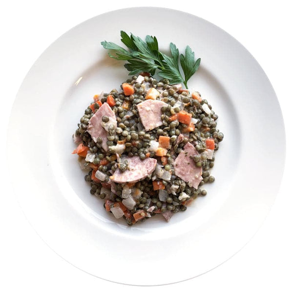 Salade de lentilles au véritable saucisson cuit de Lyon sauce beaujolaise - Marbled Beef